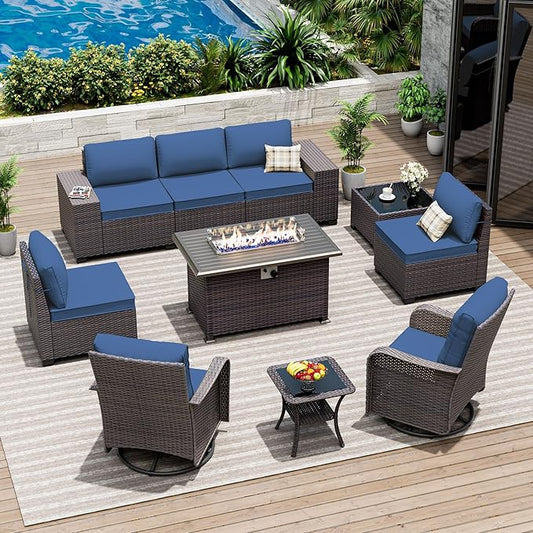 10 Pieces Patio Furniture Set with 2 Swivel Chairs Patio Furniture Outdoor Sectional Sofas with 55000 Gas Fire Pit Patio Conversation Set w/7 Cushions-Blue
