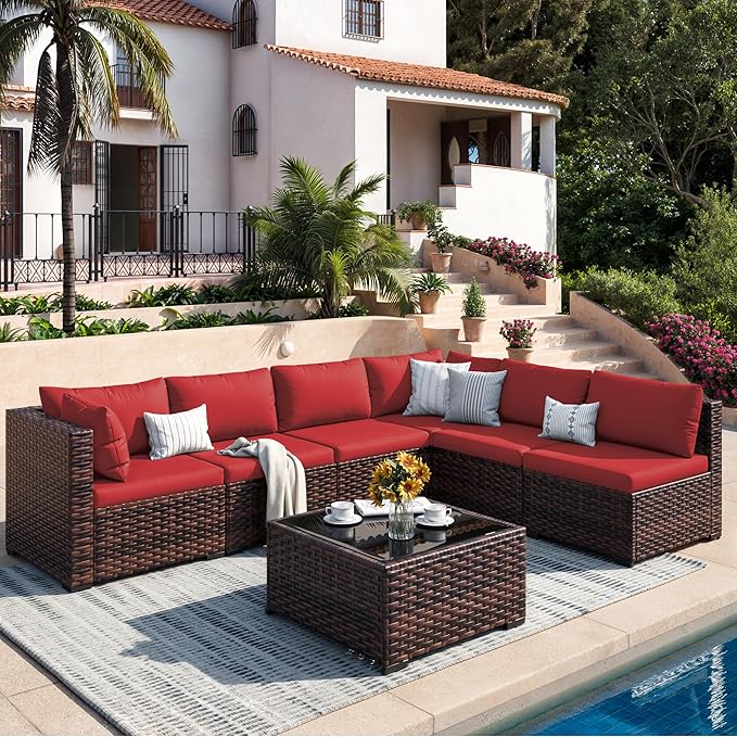 Patio Furniture Set, 7-Piece Outdoor Sectional Rattan Sofa Set with Coffee Table (Burgundy Cushions with Brown Rattan)