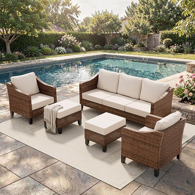 5-Piece Patio Conversation Sets, Outdoor Sectional Sofa with Ottoman, Modular Wicker Furniture for Backyard, Garden