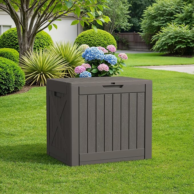 Flamaker Resin Deck Box 40 Gallon Waterproof Outdoor Indoor Storage Box Imitation Wood Resin for Patio Furniture Garden Tools and Pool (Deep Brown)