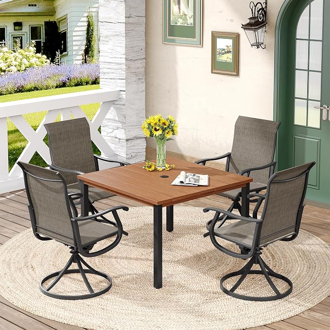 DIFY Patio Table and Chairs Set for 4, 5 Piece Outdoor Dining Set, 40.2" Walnut Square Metal Dining Table with Umbrella Hole and 4 Brown Textilene Swivel Patio Chairs, for Garden Backyard Deck