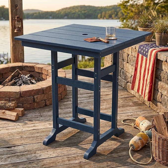 GarveeLife Outdoor Counter Height Bar Dining Table, HDPE Wood Grain Tall Bar Table – 39.6" High Square Pub Table, Cocktail Bistro Table Fits, for Patio, Garden, Poolside, Balcony & Yard (Navy Blue)