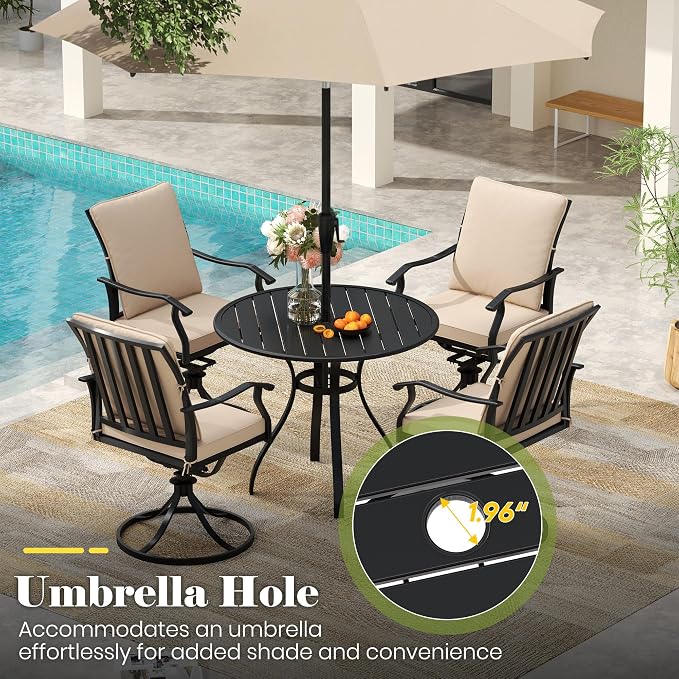 36" Outdoor Bistro Table, Round Metal Patio Table with Umbrella Hole, Rust-Resistant Steel Slat Top Coffee Table for Garden, Balcony, Deck and Backyard, Black