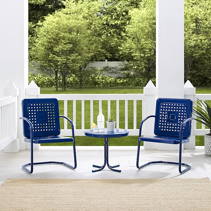 Crosley Furniture Bates 3-Piece Outdoor Chair and Side Table Set, Retro Metal Bistro Patio Conversation Sets, Navy Gloss