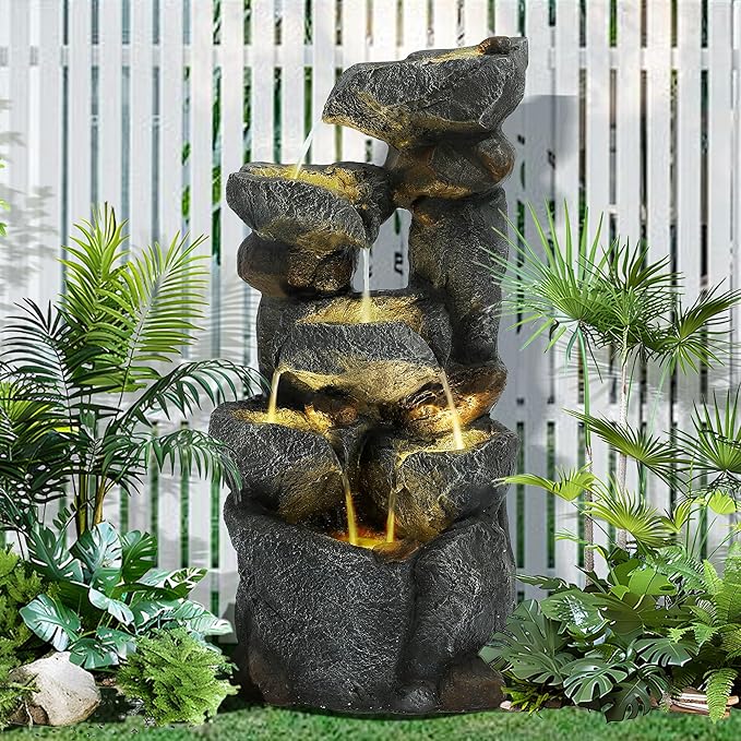 Outdoor Water Fountain - 6 Tier Floor-Standing Cascading Garden Fountain, 35" H Indoor/Outdoor Stone Water Fountains with 6 LED Lights for Garden, Patio, Backyard and Home