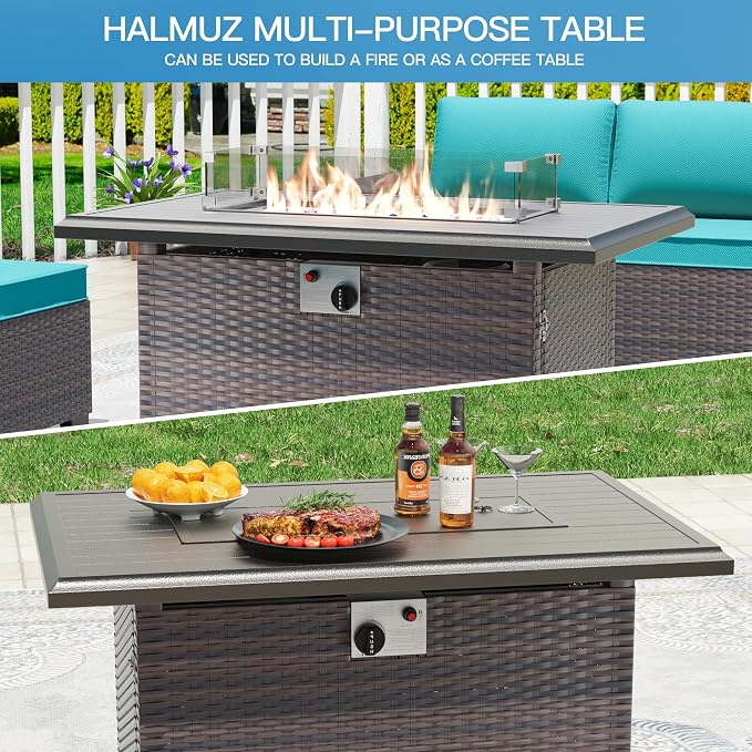 7 Pieces Outdoor Patio Furniture Set with 43"/55000BTU Gas Fire Pit Table,PE Rattan Wicker Outdoor Conversation Sofa Set Non-Slip Cushions Waterproof Covers for Backyard,Poolside,Garden,Blue