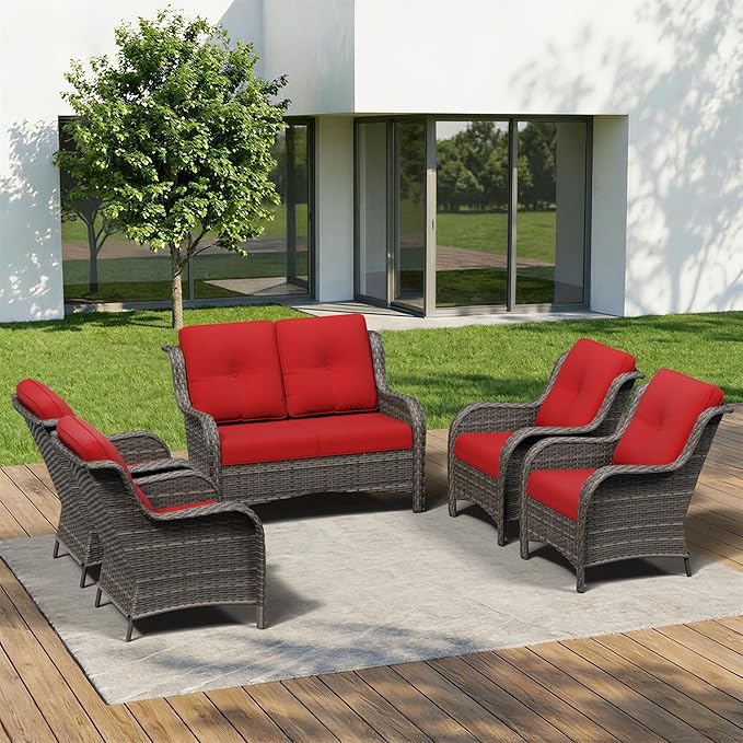5 Piece Outdoor Wicker Patio Furniture Set, Patio Chairs Set with Thickened Olefin Cushions, High Back and Deep Seating, Hand-Woven PE Rattan for Porch, Deck
