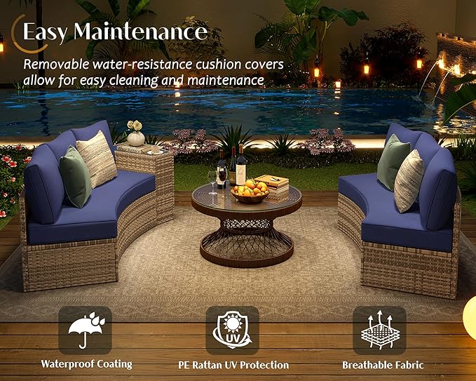 PaPaJet Patio Conversation Set, 6 Piece Half-Moon Sectional Round Patio Furniture Set, Outdoor Patio Furniture with Cushions for Beach, Pool, Balcony, Garden, Blue