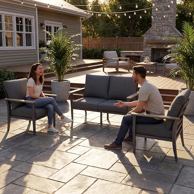 4-Seat Outdoor Patio Furniture Set Aluminum Sectional Sofa Set, Patio Conversation Set with High Backrest & Thickened Cushions for Garden, Backyard, Poolside, Dark Grey