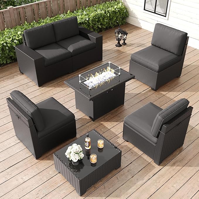 LayinSun 7 Pieces Patio Furniture Set with Fire Pit Table, Black Rattan Modular Sectional Patio Conversation Sofa Set