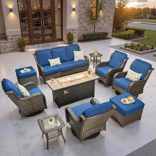 ovios 10-Piece Patio Furniture Set with Swivel Chairs Side Table, Outdoor Wicker Sofa with 54" Fire Pit Table, High Back Couch Modern Conversation Sets, Brown/Navy Blue