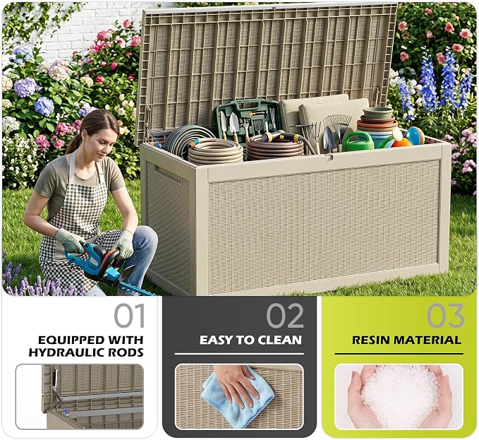 ROJIK 320 Gallon Deck Box Outdoor Waterproof,Weatherproof Outdoor Storage Boxes Lockable with Lid,Outside Resin Storage Bench for Patio Cushions,Garden Tools and Pool Accessories(Grey)