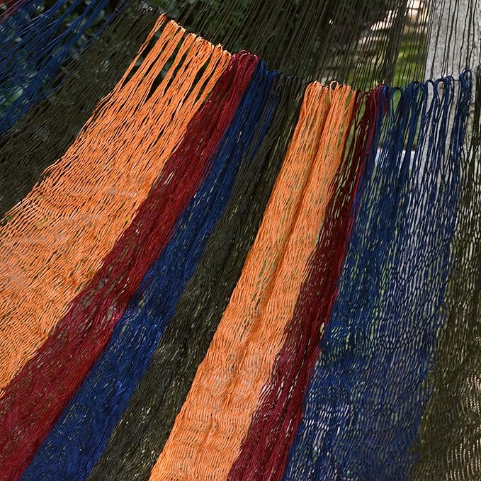 NOVICA Artisan Handcrafted Handwoven Rope Hammock Colorful Stripe Nylon Singlesized Blue Green Yellow Red Mexico Mayan Striped [159in L Hammock Bed 84in L x 45in W] ' Tropical Wind' Single