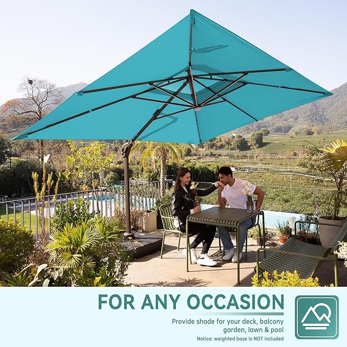 10 X 13 FT Cantilever Outdoor Patio Umbrella with Base Included Large Heavy Duty 360° Rotation Double Top Offset Rectangular Umbrellas with LED Lights for Backyard Outside Deck, Turquoise