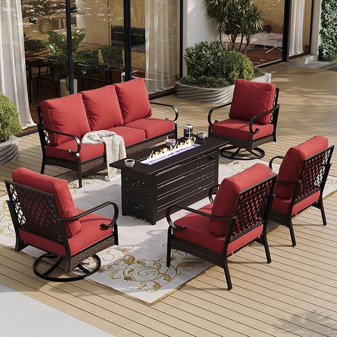 6 Piece Metal Outdoor Patio Furniture Sets with Firepit Table, Patio Conversation Sets 1 3-Seater Sofa, 2 Leg Sofa and 2 Swivel Chair with 5.75" Cushion for Backyard Deck, Rust Red