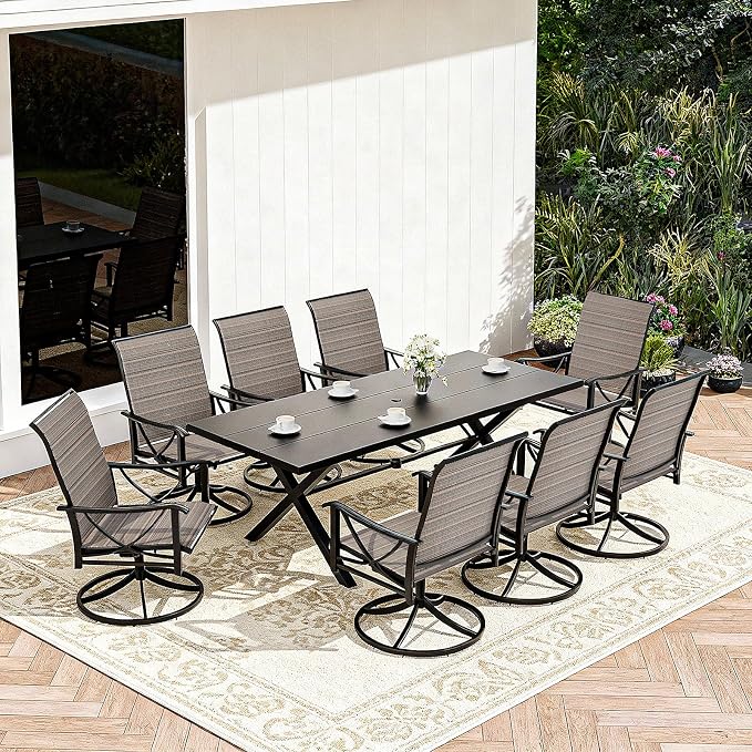 Gotland Patio Swivel Chairs Set of 8, Outdoor Dining Chairs with Breathable Teslin Seat Cushion & Backrest, 360° Outdoor Swivel Chairs with Metal Frame, Patio Dining Chairs for Deck Garden Brown