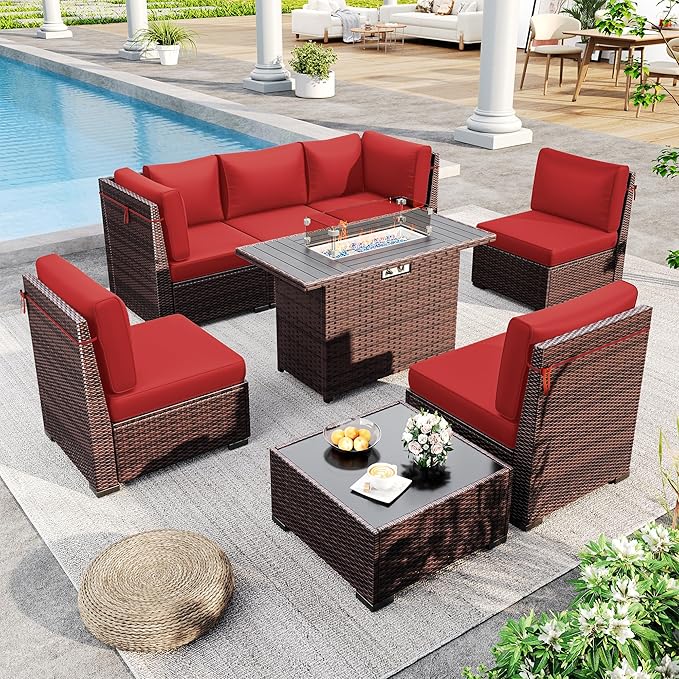 Outdoor Patio Furniture Set with 44" Fire Pit Table 8 Pieces Rattan Patio Sectional Sofa Conversation Set w/55000 BTU Propane Gas Fire Pit, Coffee Table, 2 Waterproof Covers, Red