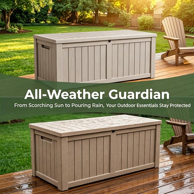 178 Gallon Large Resin Outdoor Storage Box, Waterproof Deck Box, Lockable Deck Container with Reinforced Support, Outdoor Chest for Patio Accessories, Outdoor Cushions, Garden Tools, Taupe Gray