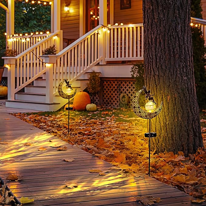 Fairy Garden Solar Lights Outdoor Decor, Moon Garden Stakes, Waterproof Outdoor Metal Decorations Gifts for Women and Mom, Art Moon Sculpture for Walkway, Yard, Patio, Garden and Porch, 2 Pack