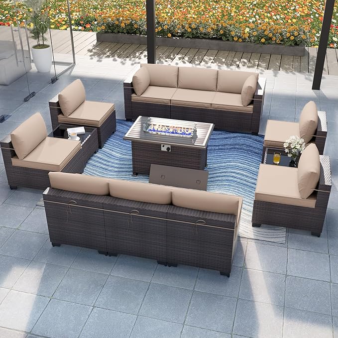 Patio Furniture Set with Fire Pit Table 13-Pieces Outdoor Sectional Furniture Outdoor Rattan Patio Conversation Sets with 43in Propane Gas Fire Pit Table and Glass Table, Sand