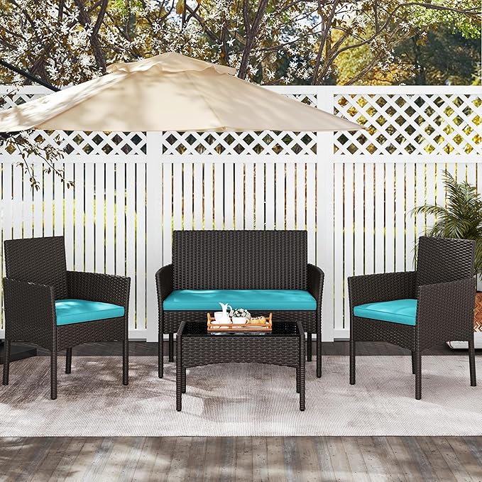 Yaheetech Patio Furniture Set 4 Pieces Conversation Sets, Rattan Chair Wicker Set Loveseat with Soft Cushion and Glass Table for Backyard Porch Garden Poolside Balcony, Brown and Cyan
