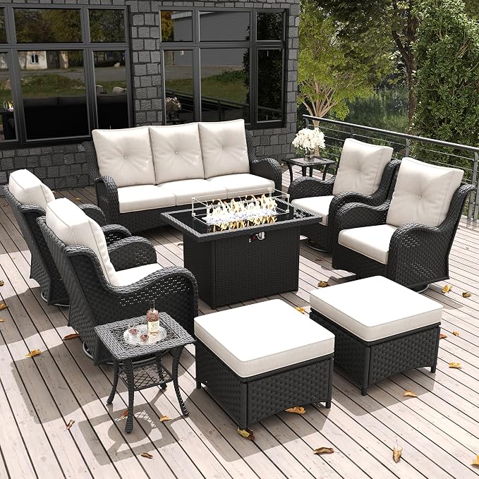 LayinSun 10 Pieces Outdoor Patio Furniture Set with Fire Pit Table, Rattan Wicker Sectional Swivel Rocker Chairs Sets with Ottomans, Swivel Glider Chairs and Coffee Table