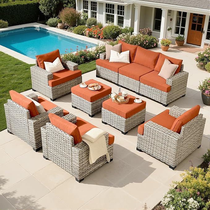 Outdoor Sectional Patio Furniture Set,9 Pieces All Weather Rattan Wicker Conversation Sets,Out Door Furniture with Ottoman Single Chair,Orange Red