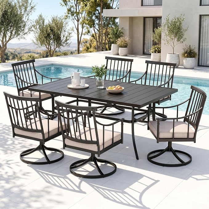 PHI VILLA 7 Piece, Outdoor Dining Set, 59"x36" Table, Umbrella Hole, Black | Wrought Iron, Swivel Chairs, Metal Chairs, Cushions, Weather-Resistant, 300+ lbs Capacity