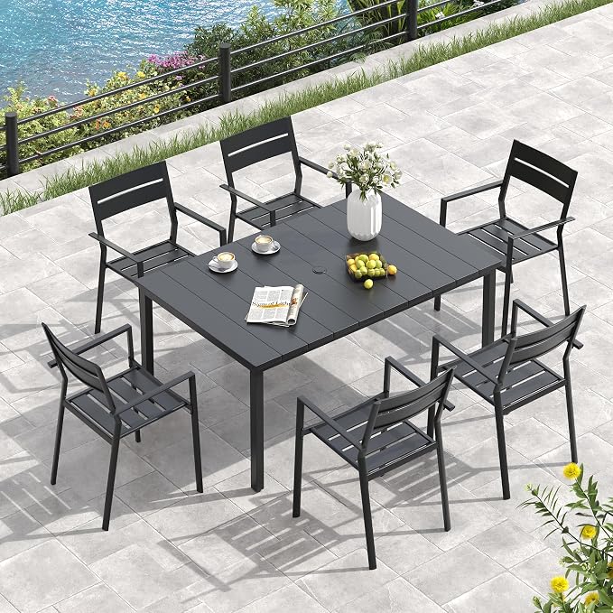 VICLLAX Outdoor Table for 6, Metal Patio Dining Table with Umbrella Hole for Garden Lawn Deck Backyard, Black Tabletop