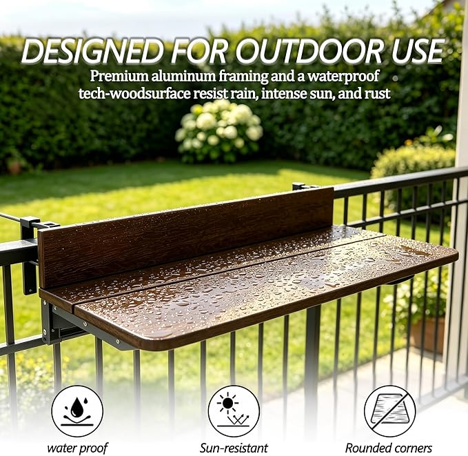 Balcony Bar Table for Railings, Outdoor Hanging Folding Adjustable Height Deck Rail Table for Patio, Garden, Rustproof Aluminum Alloy Frame,Weather Resistant, Easy Assembly