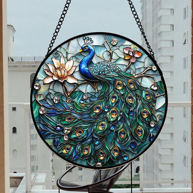 DASTOLL Stained Glass Window Hanging, Blue Peacock Decoration Suncatcher for Door Garden Home Flower Bird Sun Catchers Christmas Mother's Day Birthday Gifts for Women Men Mom Nana Friend 14.9 in