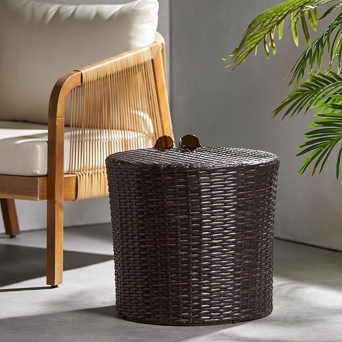 Barrel Side Table 17.5" – No Assembly Outdoor Wicker End Table, Round PE Rattan Accent Table for Patio Backyard Balcony Deck Garden, Brown