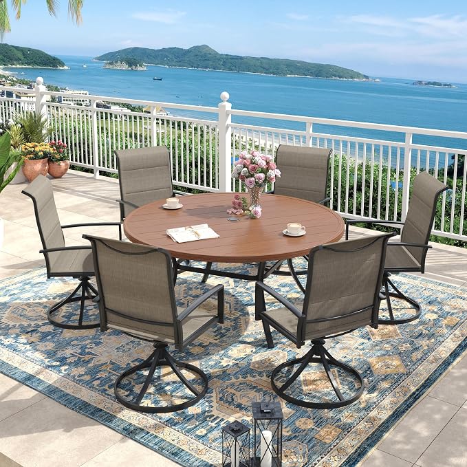 Outdoor Dining Set for 6, 50" Outdoor Dining Table with Umbrella Hole and Padded Textilene Patio Swivel Chairs, 7 Pieces Patio Table and Chairs Set for Garden Backyard, Mixed Brown and Walnut