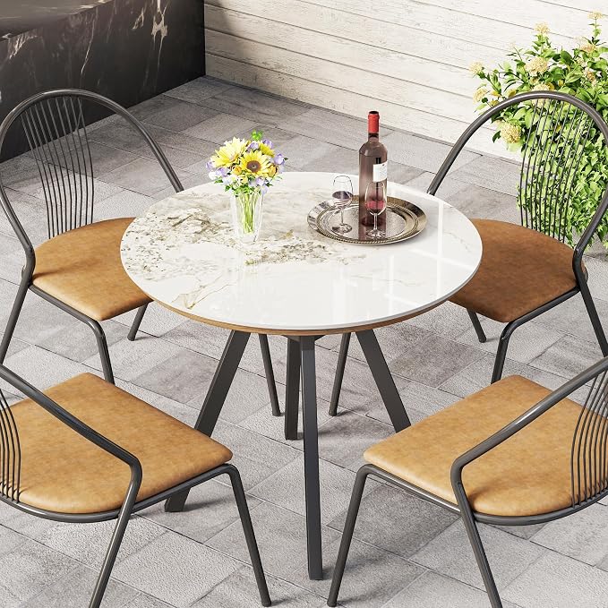 Table Top 35.4″ Round Ivory Sintered Stone - Heat Scratch Stain Resistant for Dining Office Bar Patio, Weatherproof Easy Clean
