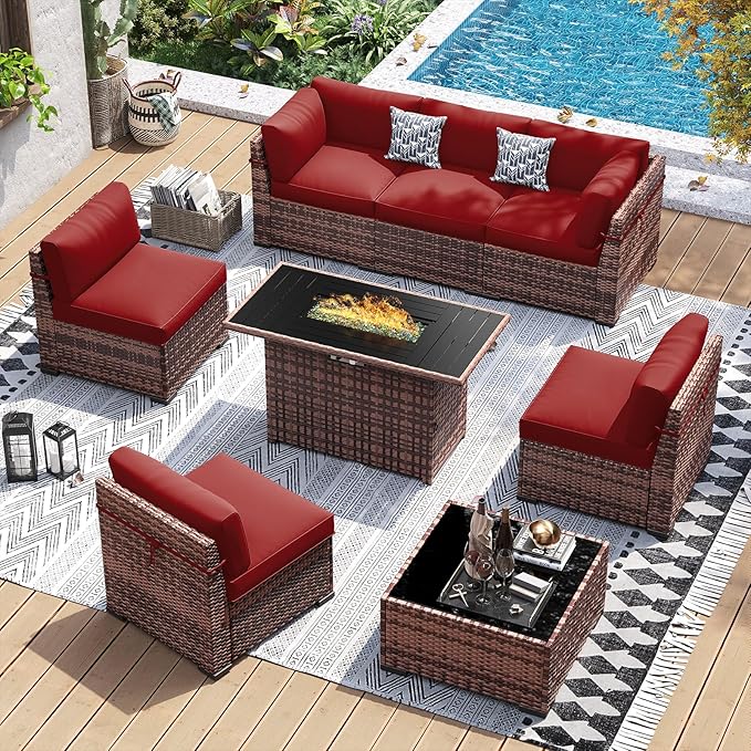 UDPATIO Patio Furniture Set with 44'' Fire Pit Table,Modular Outdoor Furniture Sets,Slanted Back Outdoor Sectional Conversation Set PE Rattan Sofa for Backyard W/Coffee Table,4'' Cushions,8 PCS,Red