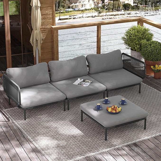4 Piece Modern Outdoor Sectional Sofa, 31" Oversized Patio Furniture Set with Olefin Woven Rope, Weather-Resistant Metal Frame and Removable Cushion, Dark Grey