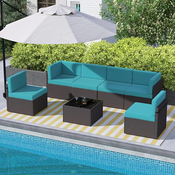 kinbor 7 Pieces Modular Patio Conversation Set - Outdoor Sectional Sofas with All-Weather Wicker, Thick Cushions & Glass Table for Garden, Backyard, Porch, Turquoise