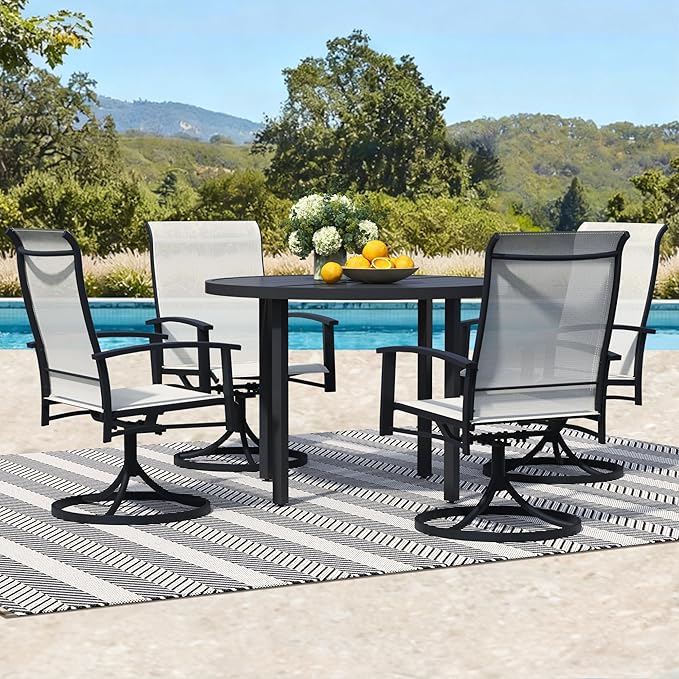 5 Piece Outdoor Patio Dining Set for 4, 42" Black Round Metal Table with 4 Oyster Beige Swivel Chairs, All-Weather Outdoor Furniture Set for Backyard, Lawn, Deck, or Poolside