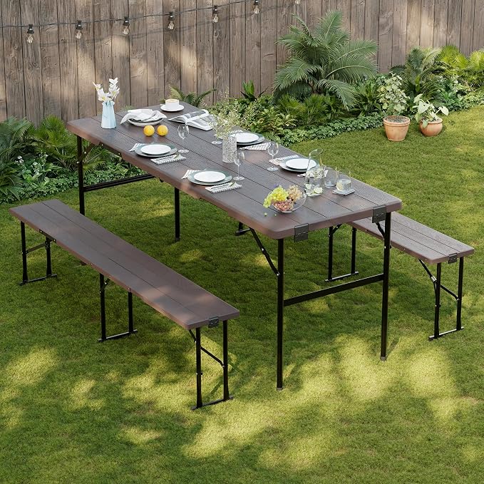 Picnic Table Set with 2 Benches,6 Feet Folding Camping Table Chair Set with Wood Grain Tabletop,3-Piece Outdoor Indoor Portable Folding Furniture for Party, Camping, Picnic, Weddings (Brown)