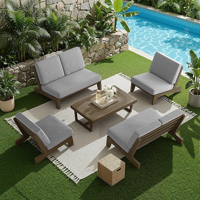 UIXE 7 Pieces All Weather Wood Patio Furniture Sets, 2 Patio Loveseat, 4 Patio Bistro Chair, Outdoor Sectional Sofa Furniture Backyard Conversation Set with Coffee Table - Grey