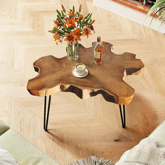Teak Wood Live Edge Coffee Table 31"x29"x21"H Rustic Outdoor Patio Wooden Couch Sofa End Tables for Dining Living Room Accent Vintage Farmhouse Side Table for Bedroom Home Decor