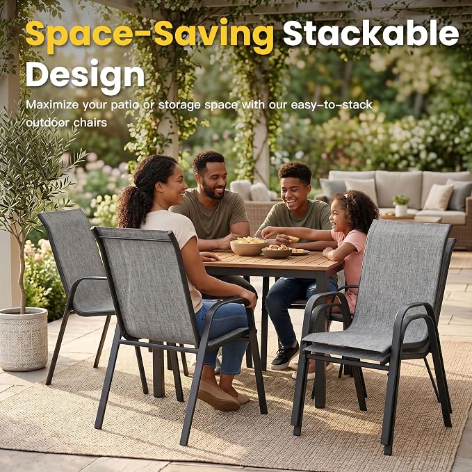 VICLLAX Patio Dining Set for 4, All Weather 5-Piece Patio Set-40.2" Square Outdoor Table and 4 Stackable Chairs for Lawn Garden and Backyard,Grey Tabletop