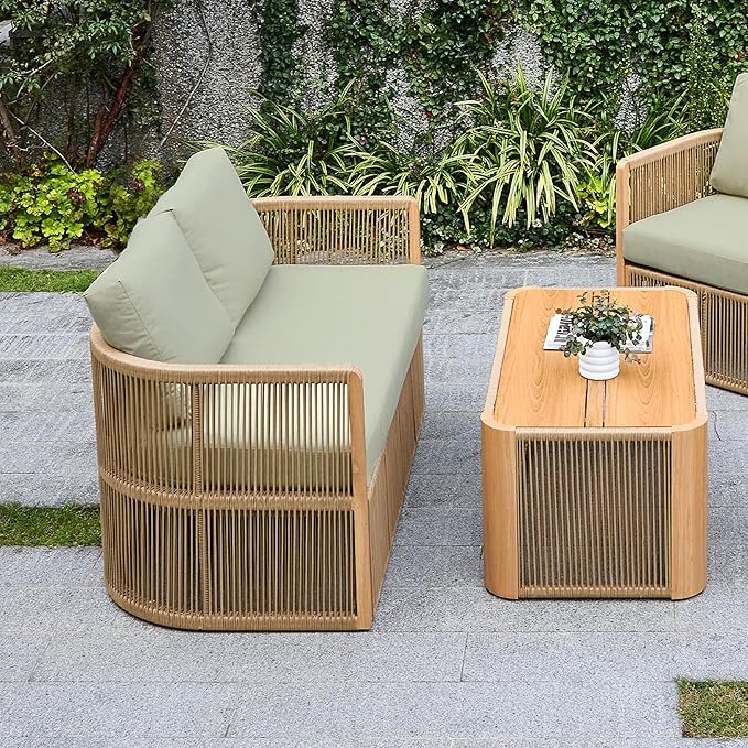 2 Piece Patio Furniture Set, Olefin Rope Patio Conversation Set, Aluminum Patio Sofa Set, 2 Seat Loveseat Couch with Coffee Table, All Weather Outdoor Sectional Furniture for Deck/Yard, Green