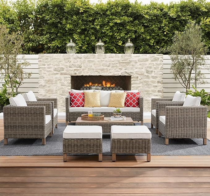 8 Pieces Patio Furniture Sets with Metal Top Coffee Table, All Weather Wicker Rattan Sectional Sofa Outdoor Furniture Conversation Set for Porch, Poolside, Garden, Backyard. (Beige)