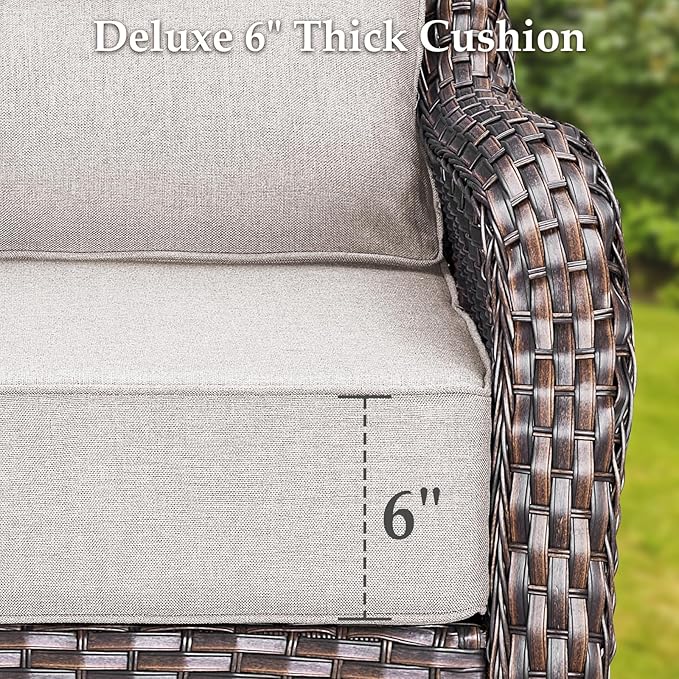 Luxury 6 Pieces Outdoor Patio Furniture Set-All Weather Wicker Outdoor Furniture with Swivel Rocker Patio Chairs 6-inch Extra Thick Cushions Wicker Conversation Set for Garden Porch(Brown/Beige)