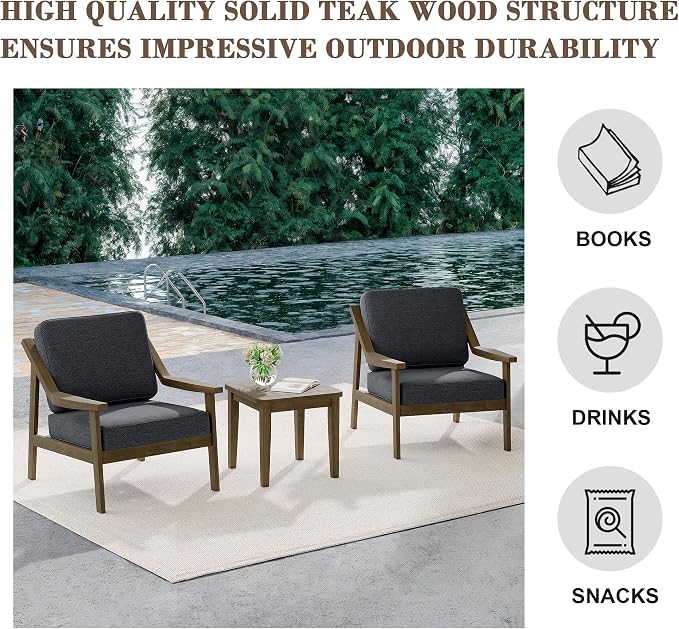 Outdoor Patio Furniture Set, 3 Piece Patio Conversation Sets with Washable Thick Cushions, All-Weather Solid Wood Patio Bistro Set for Porch, Balcony, Natural Frame & Dark Gray Cushion