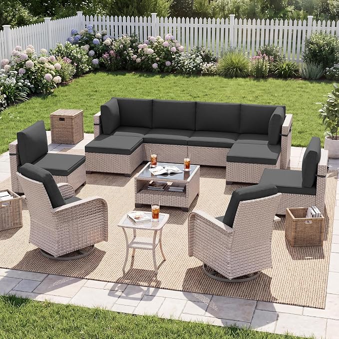 Patio Furniture Set, 12-Piece Outdoor Sectional Sofa with Swivel Rocker Chairs & Ottomans, Wicker Patio Conversation Set with Coffee Table, Black Cushions
