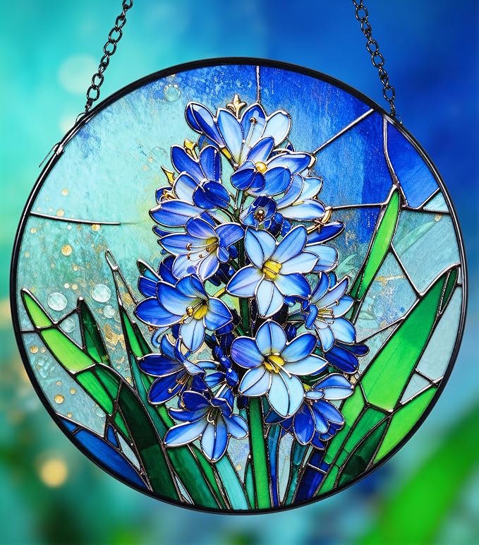 Stained Glass Window Hanging, Hyacinth Suncatcher 7.8 in Sun Catcher Glass Panel Boho Wall Art Decor with Chain Diamond Glass Panel Hangings Scenery Sun Catchers Decor for Lover Couple Mom