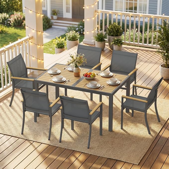 7-Pieces Aluminum Patio Table and Chairs Set, Outdoor Patio Furniture Set with Heavy Duty HDPS Rectangular Table, All-Weather Outdoor Dining Set with Quick-Drying Breathable Textilene Chairs for Porch