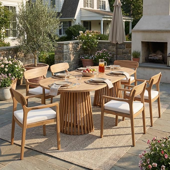 Christopher Knight Home Zoa Acacia Wood Dining Set for 6, Outdoor Dining Table with Dual Slatted Pedestal Bases, Outdoor Dining Chairs with Cushions, 7 Piece Patio Dinner Set, Beige/Teak